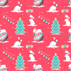 Seamless pattern with rabbit and Christmas tree in nursery style. Red background. Perfect for decor textiles, fabric print, Christmas cards, wallpaper and wrapping paper design. Merry Christmas.