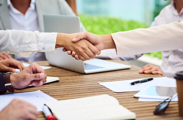 Handshake, meeting and deal with business people in cafe for coffee sales representative, contract...