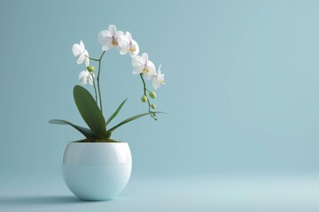 Delicate white orchids in a blue pot against a soft blue background