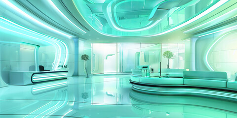 A futuristic bank interior with sleek, curved furniture and LED lighting in ice blue and mint green.
