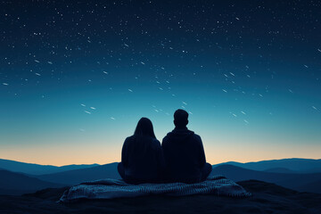 best friends sitting on a blanket under a night sky, A romantic night under the stars, capturing a couple enjoying the beauty of nature and the vastness of the sky together.
