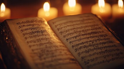Open holy book with candlelight background giving a warm and spiritual ambiance. Perfect for religious and spiritual themes.