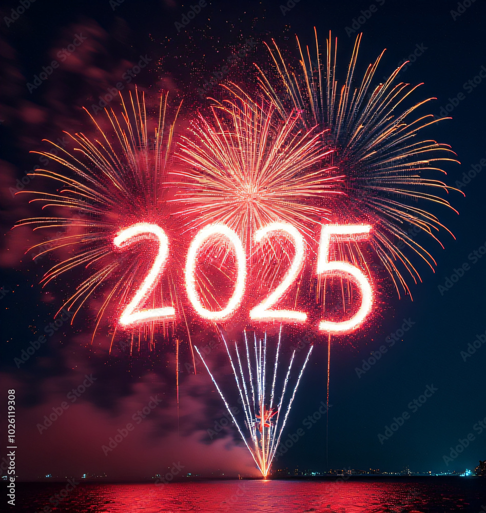 Poster The vibrant colors of the firework exploded in a mesmerizing display to ring in the joyous occasion of Happy New Year 2025._00001_