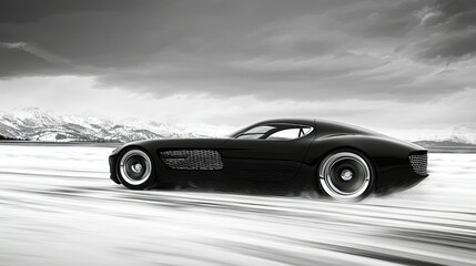 Fototapeta premium A sleek black sports car speeds across a snowy landscape, leaving a blur of motion in its wake. 