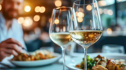 A sophisticated dining scene featuring a pair of wine glasses and a gourmet meal on a beautifully set table, creating an inviting and romantic atmosphere.