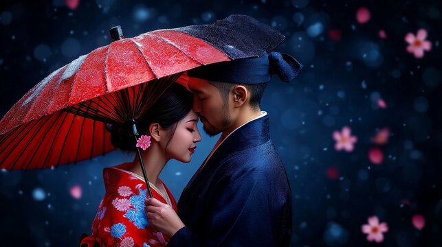 Romantic Embrace Under Cherry Blossoms: A captivating portrait of a couple in traditional Japanese attire, sharing an intimate moment under a crimson umbrella amidst falling cherry blossoms. - Powered by Adobe