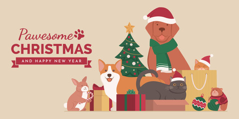 Happy pets celebrating Christmas together