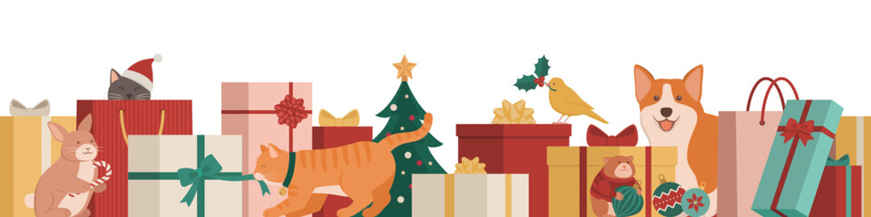 Cute pets, gifts and Christmas ornaments, seamless border