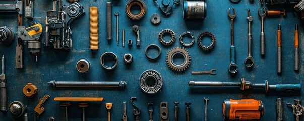 A vibrant arrangement of various tools and mechanical parts displayed on a blue background, ideal for DIY and repair projects.