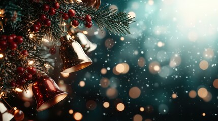 Glowing Christmas bells hang amid a lush arrangement of pine branches and snowflakes, creating a whimsical and enchanting winter holiday atmosphere.
