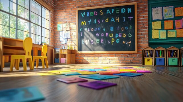 A vibrant classroom with colorful letters on a chalkboard and playful decor, perfect for children's education and learning.