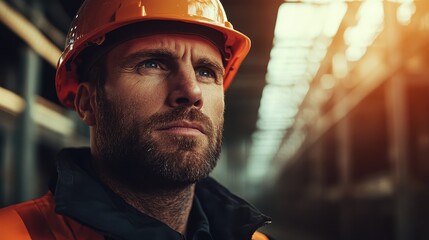 A determined construction worker wearing safety gear gazes forward, embodying focus and dedication amidst a sunlit construction site as beams line the background.
