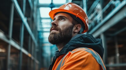 A construction worker wearing an orange hard hat and jacket looks up attentively in a modern building with a metallic framework, highlighting industrial focus.