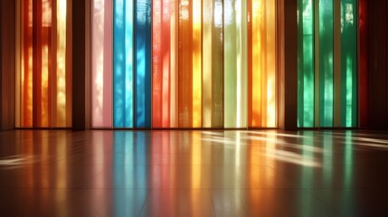 An elegant room with towering, multicolored glass windows that allow sunlight to stream through. Bright reflections cover the polished floor in dynamic patterns.