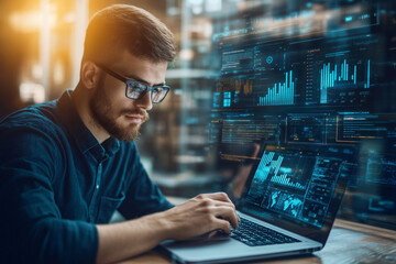 Obraz premium Man Working on Laptop with Data Visualization on Screen