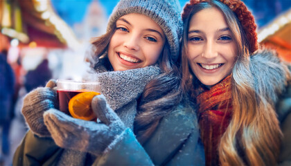 Two young girls enjoying a hot punch at a winter market
