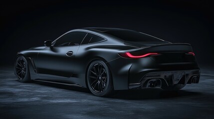 A sleek, black sports car with red taillights sits on a dark surface, with a slight gleam on the bodywork.