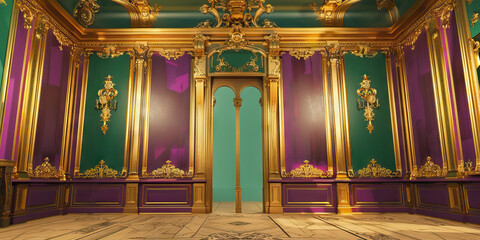 Obraz premium A French-inspired bank setting, with ornate gold detailing on the walls and accentuated by regal purple and emerald green.