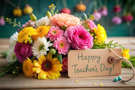 Vibrant flower bouquet with happy teachers day card