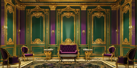 Obraz premium A French-inspired bank setting, with ornate gold detailing on the walls and accentuated by regal purple and emerald green.