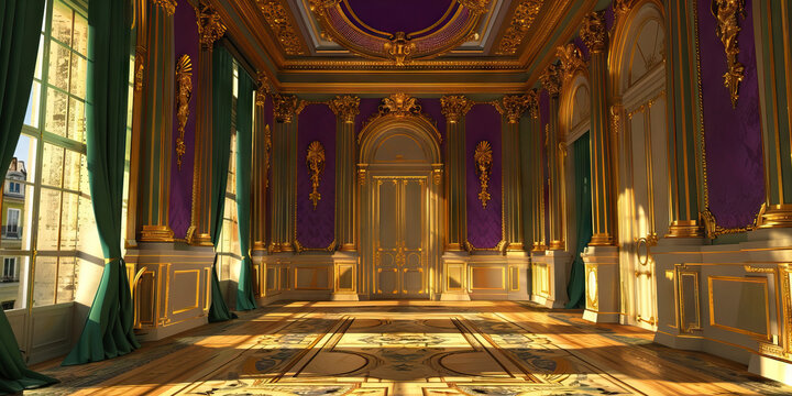 A French-inspired bank setting, with ornate gold detailing on the walls and accentuated by regal purple and emerald green.