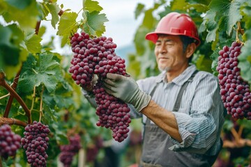 Obraz premium Farmer Harvesting Ripe Red Grapes in a Vineyard