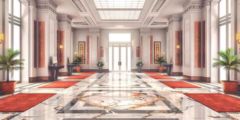 Obraz premium An Italian-themed bank lobby, with marble floors, plush red carpets, and terracotta accents against a crisp white background.