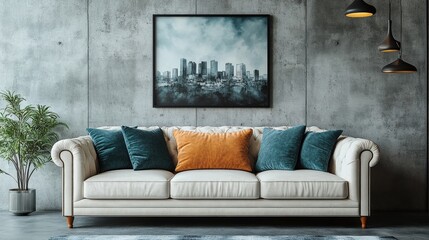 Minimalist interior design of a modern living room. An ivory suede sofa with emerald cushions against a concrete wall. on the wall is a minimalist painting painted in watercolors.