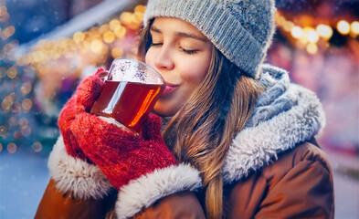 Young woman enjoying a hot drink at a winter market