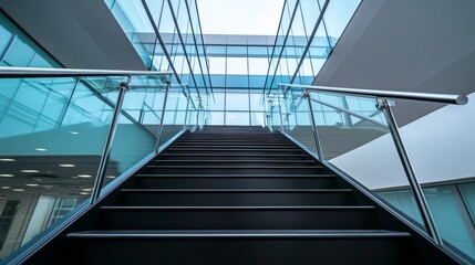 Low Angle View of Modern Black Stairs with Transparent Glass Handrail
