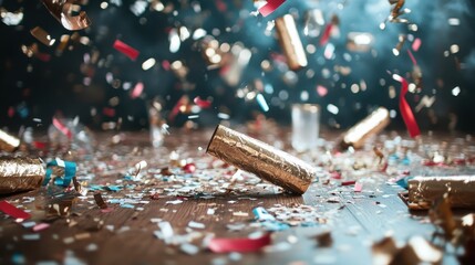 Golden party crackers and colorful confetti float mid-air in a celebratory scene, conveying a sense of the joy and excitement of a festive party environment indoors.