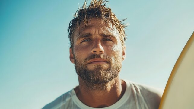 A determined surfer with intense focus looks out towards the sea, carrying his surfboard. The image captures the energy and spirit of surfing adventure.