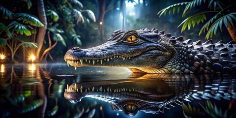 Fototapeta premium Night Photography of a Crocodile in Swamp - Mysterious Wilderness Encounter