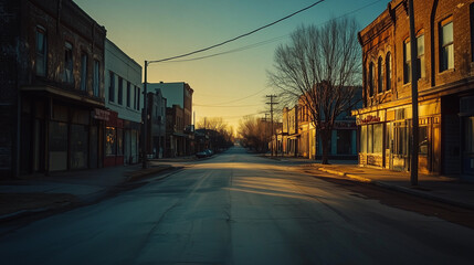Fototapeta premium Sunset Over an Empty Street in a Deserted Town