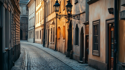 Obraz premium Historic Street Lined with Cobblestones and Vintage Street Lamps
