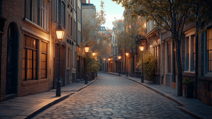 Obraz premium Historic Street Lined with Cobblestones and Vintage Street Lamps