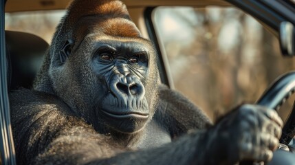 Obraz premium Gorilla driving a car in a humorous and anthropomorphic scene.