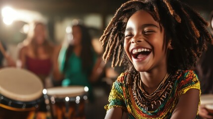 A joyful child, dressed in vibrant clothing, laughing heartily while sitting among a variety of drums, captures the spirit of cultural expression and musical joy.
