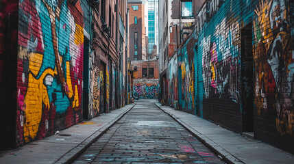 Fototapeta premium Quiet Alleyway Lined with Colorful Graffiti Art on the Walls