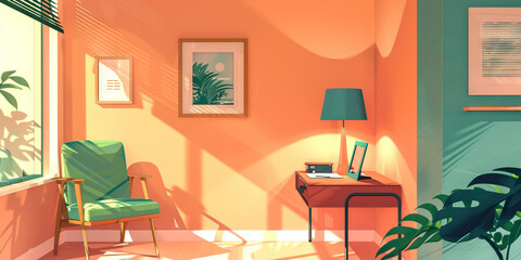 An intimate banking experience in a cozy nook, accented by muted peach walls and soothing sea green tones.