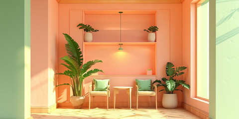 An intimate banking experience in a cozy nook, accented by muted peach walls and soothing sea green tones.