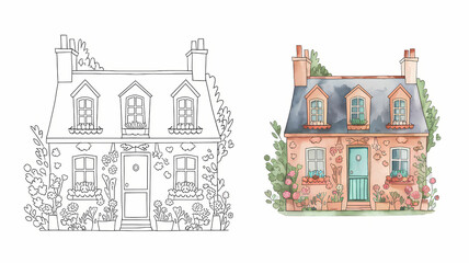 Fototapeta premium copy coloring , cute summer cottage illustration, black and white , colored page 