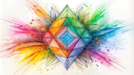 abstract 3D triangles background made with colour pencil and water paint 