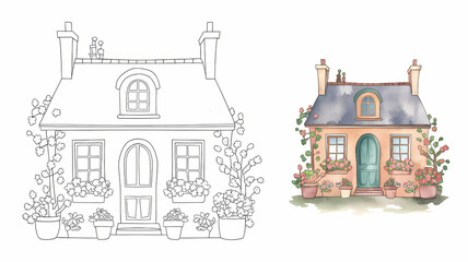 Fototapeta premium copy coloring , cute summer cottage illustration, black and white , colored page 