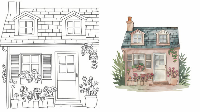 copy coloring , cute summer cottage illustration, black and white ,  colored page 