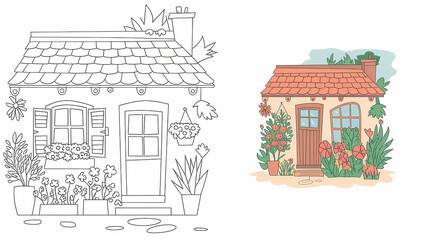 Naklejka premium copy coloring , cute summer cottage illustration, black and white , colored page 