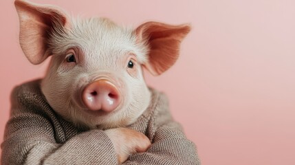 Fototapeta premium A sophisticated piglet wearing a jacket with its arms crossed poses delightfully against a pastel pink background, exuding charm and personality.