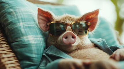 A laid-back piglet, dressed in a casual jacket and sporting cool sunglasses, lounges comfortably in an outdoor setting, basking in serenity.