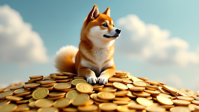 doge cryptocurrency meme dog sitting on pile of coins humorous financial concept illustration