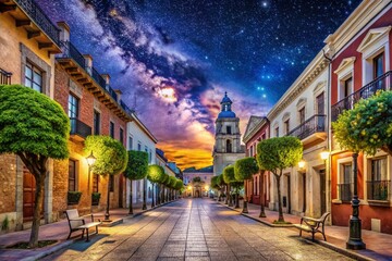 Fototapeta premium Night Photography of Mayorga Valladolid's Historic Architecture and Starry Sky